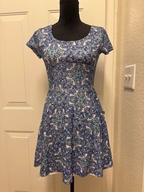 Derek Heart Blue Patterned Scoop-Neck Fit & Flare Mini Dress